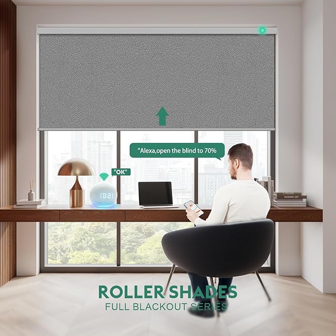 Motorized Blinds with Remote [100% Blackout & Silent Motor] Smart Blinds Compatible With Alexa Google HomeKit, Electric Roller Shades for Indoor Windows, Customized Size, Shimmer Granite Black