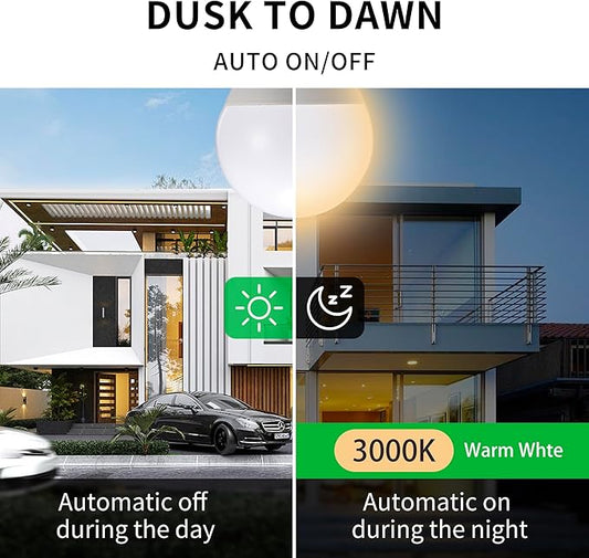 Qualilux A15 Small Dusk to Dawn Light Bulbs Outdoor 450LM, Warm White, 5W=40W, Auto On/Off Non-Dimmable Replacement LED Bulb for String Lights, Porch, Patio, Garden, E26 Base, 4-Pack, HQ-H032