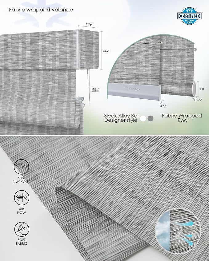 Yoolax Motorized Matter Roman Shades Light Filtering Smart Blinds for Windows Compatible with Alexa, Google Home, Homekit, Automatic Roman Shades with Remote Customized (Strip Light Grey)