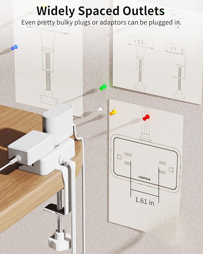 HOPOW Desk Clamp Power Strip, Desktop Mount Charging Station with 4 Outlets 4 USB Ports (2 USB C), 10Ft Under Desk Power Strip, Fits 2.75" Tabletop Edge, Extension Cord for Home Office, White