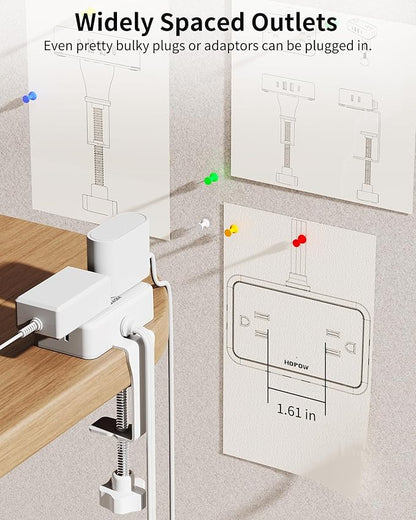 HOPOW Desk Clamp Power Strip, Desktop Mount Charging Station with 4 Outlets 4 USB Ports (2 USB C), 10Ft Under Desk Power Strip, Fits 2.75" Tabletop Edge, Extension Cord for Home Office, White