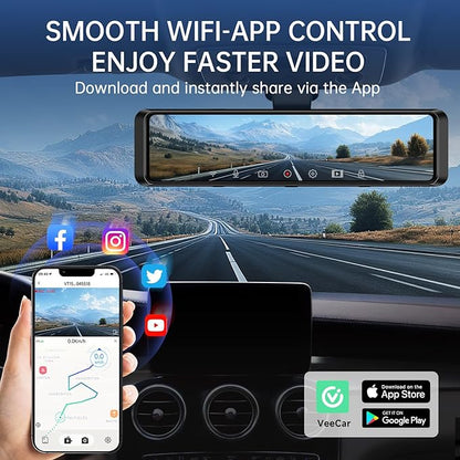 4K Rear View Mirror Camera, 12'' Mirror Dash Cam, 4K/2.5K Backup Camera for Car, WiFi/GPS Dash Cam Front and Rear with 32GB Card, APP, Voice Control, WDR Night Vision, Reverse Assist (Black)