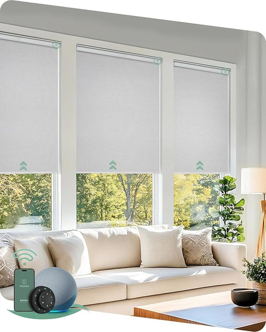 Yoolax Motorized Blinds with Remote, 100% Blackout Smart Roller Shades Work with Alexa, Google, Apple Homekit, Custom Automatic Shades with Voice Control for Bedroom Office (Jacquard White)