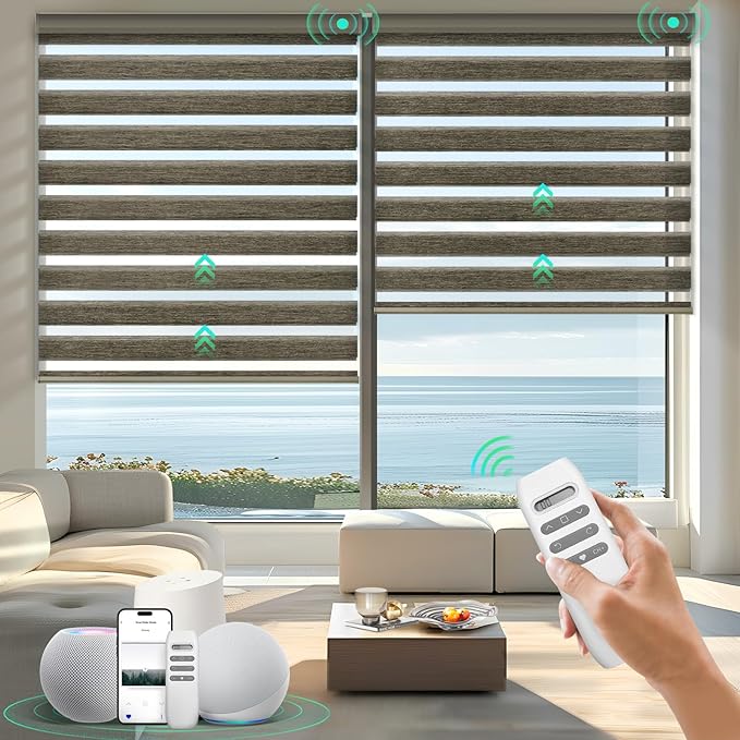 HeyBlinds Motorized Zebra Blinds with Remote, Smart Cordless Electric Zebra Shades for Indoor Windows Compatible with Alexa Google & Homekit, Custom Size (Wool-Coffee LF)
