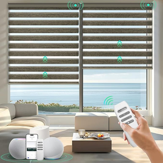 HeyBlinds Motorized Zebra Blinds with Remote, Smart Cordless Electric Zebra Shades for Indoor Windows Compatible with Alexa Google & Homekit, Custom Size (Wool-Coffee LF)