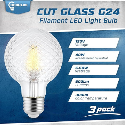 Decorative Light Bulb (3-Pack) 5.5 Watt G25 LED Filament Bulb E26 Medium Base (40W Equivalent) 3000K Warm White, 500 Lumens, Dimmable, Cut Glass Clear Decorative Light Bulbs