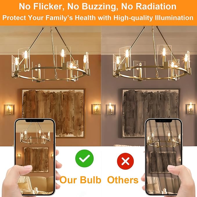 T6 E12 Candelabra Bulb LED, 6 Pack Dimmable Flicker-Free E12 LED Bulb 40w Equl 4W, 2700K Warm White Candelabra Light Bulbs T6/T25 Long Lasting E 12 Edison Light Bulbs for Chandeliers, Pendant