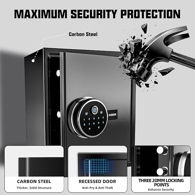 XDeer Biometric Safe with Fireproof Bag, 1.09 CuFt Money Safe with APP | Fingerprint/APP/Backlit Keypad/Keys, LED Light, Adjustable Shelf & Gun Frame, Smart Home Safe for Cash/Jewelry/Document