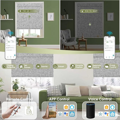 FineTell Motorized Blinds with Remote, 100% Blackout Roller Shades Compatible with Alexa,Apple Homekit,Google Home APP and Voice Control, Customized Electric Blinds (100% Blackout Mist Textured Grey)