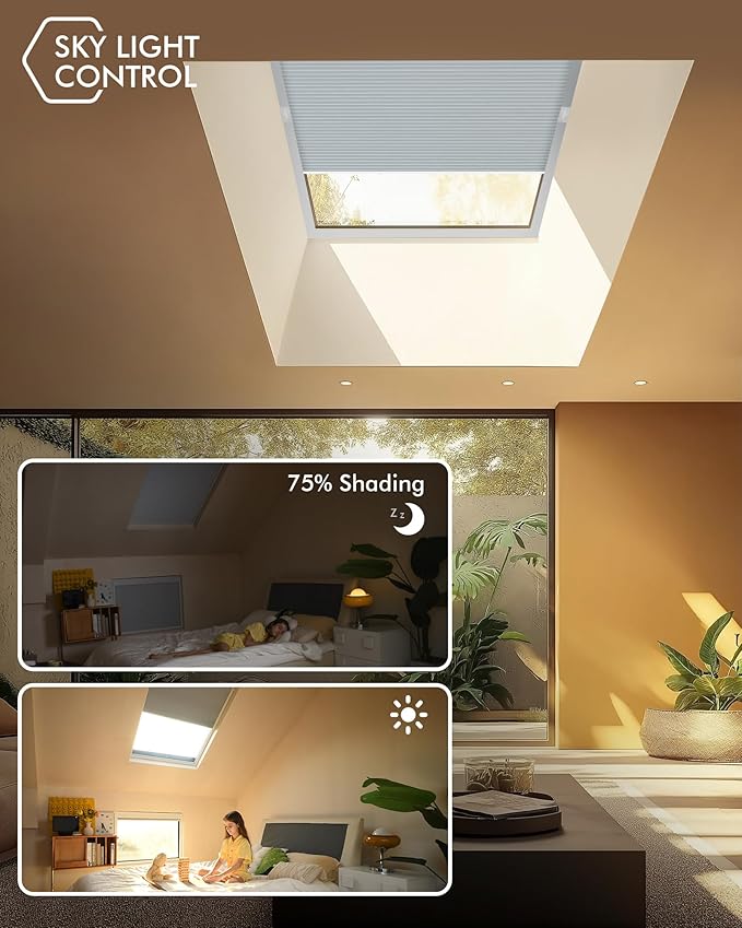 Yoolax Motorized Skylight Shades, Smart Cellular Shades Compatible with Alexa Google, Electric Cordless Honeycomb Blinds with Remote for Roof Inclined Plane Room (Room Darkening White)