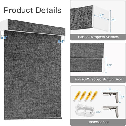 Tokblind Motorized Blackout Roller Shade Fabric Covered Valance and Bottom Rod, Remote Control Electric Window Blind Compatible with Alexa Google via Hub, Custom Size (Dark Grey - Wrapped Fabric)