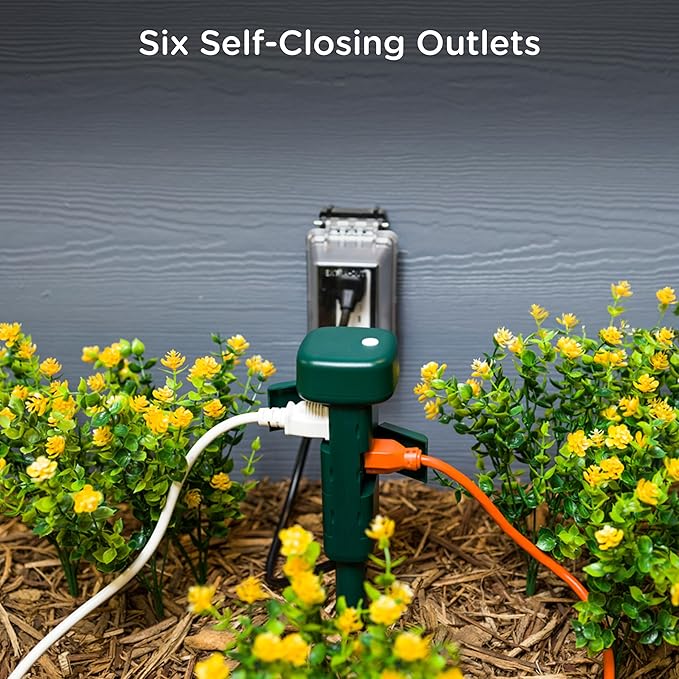 Enbrighten Vibe Wi‑Fi Matter Smart Plug Yard Stake, 2.4GHz, No Hub Required, Compatible with Alexa and Google Assistant, Six Grounded Plug‑in Outlets for Outdoor Use, 81200-S1