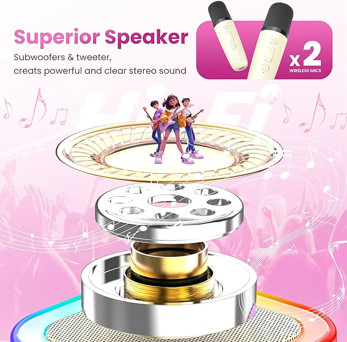 Mini Karaoke Machine for Kids Adults, 2026 TOP Birthday Gifts for Girls Boys 3,4,5,6,7,8+Year Old Toddler Toys, Portable Bluetooth Speaker with 2 Wireless Karaoke Microphones Player (Light Beige)
