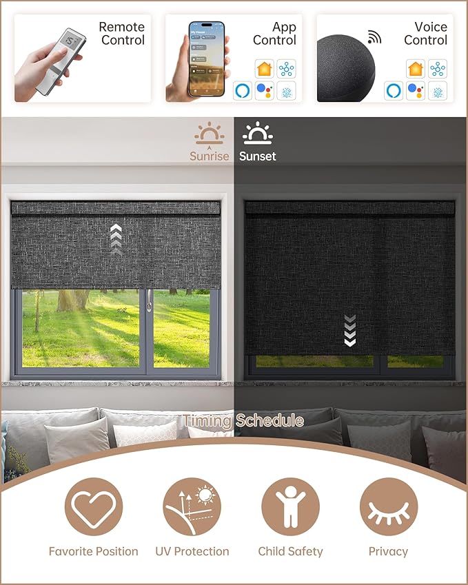 Kincmo Motorized Blinds with Remote, Light Filtering Roller Shades Work with Apple Homekit,Alexa,Google Home, Custom Electric Blinds with App,Voice Control (75% Blackout Classic Dark Grey)