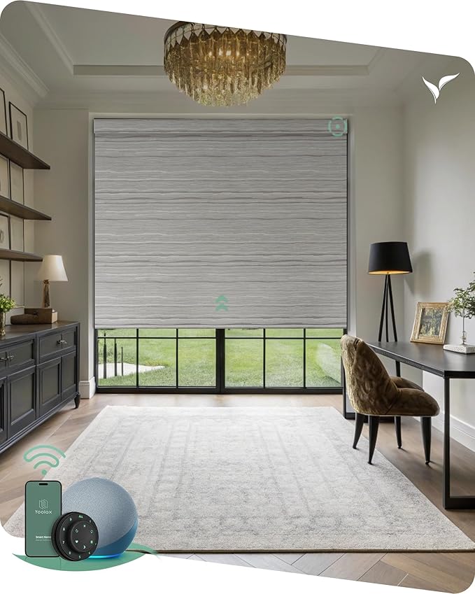 Yoolax Motorized Blinds with Remote, Designer Smart Blinds Work with Alexa, Google, Apple Homekit, 100% Blackout Motorized Shades Custom Electric Shades Voice Control (V-Jungle Gray Feather)