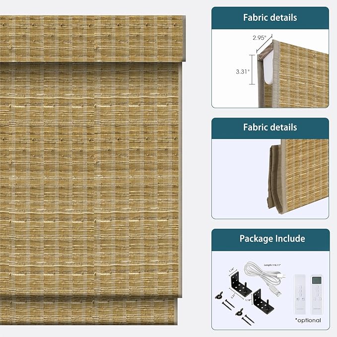 Motorized Roman Shades with Remote,Wooden Blinds Compatible with Alexa/Google/Apple Homekit,Natural Woven Wood Blinds,Electric Blinds Customized Size,Crocheting Mixture