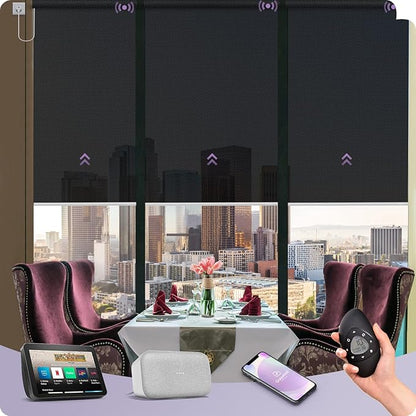 Graywind Motorized Solar Shades Compatible with Alexa Google Hardwired WiFi Smart Light Filtering Blind Remote Control Automated Blinds Electric Window Shade, Custom Size (5% Openness Black)