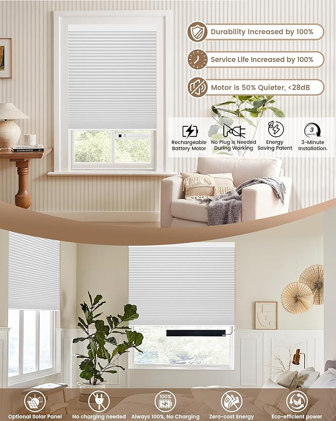 Kincmo Motorized Cellular Shades, Custom Motorized Blinds with Remote, Cordless Smart Electric Honeycomb Blinds Work with Apple HomeKit, Alexa, Google (100%-Blackout-Single-Cell White)