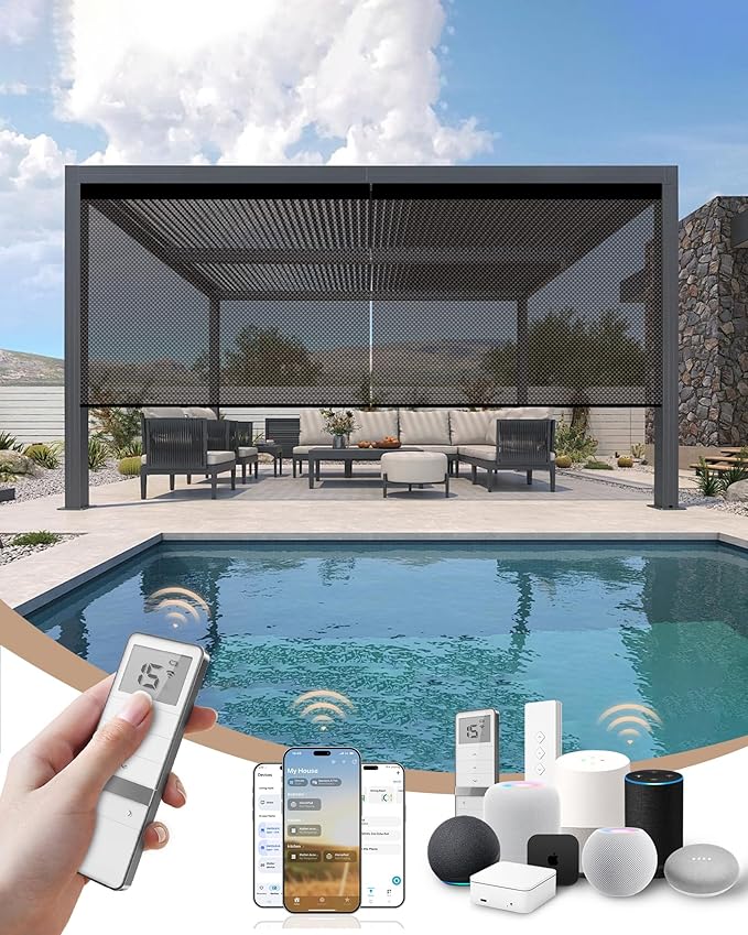 Kincmo Motorized Outdoor Shades for Patio Porch, Custom Outdoor Motorized Blinds with Remote, Waterproof & Windproof Patio Shades Work with Apple Homekit,Alexa,Google (5% Openness Brown)