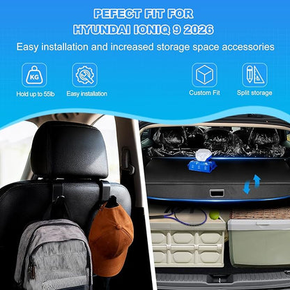 AUXKO Retractable Cargo Cover for 2026 Hyundai Ioniq 9 with 4PCS Car Headrest Hooks, Trunk Cargo Cover Luggage Security Shade Cover Shielding Shade Anti-Peeping Luggage Privacy Screen, Carbon Fiber