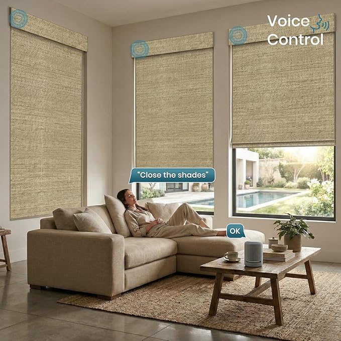 Motorized Roman Woven Woods Shades Work with HomeKit/Alexa/Google Home,Cordless Motorized Blinds,Custom Size,Crocheting Light Brown