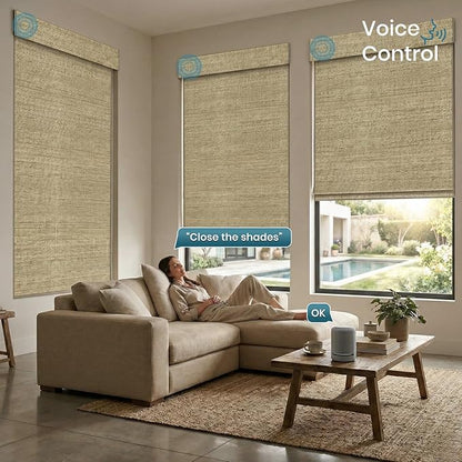 Motorized Roman Woven Woods Shades Work with HomeKit/Alexa/Google Home,Cordless Motorized Blinds,Custom Size,Crocheting Light Brown