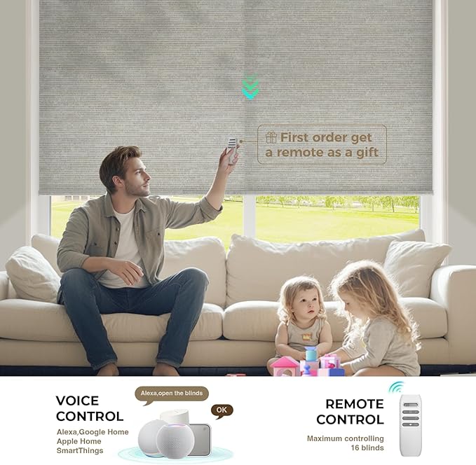 HeyBlinds Motorized Blinds with Remote, Smart Roller Shades with App & Voice Control, Work with Alexa Google HomeKit, Light Filtering Custom Shades for Living Room Office(Sun Kissed-Grayish Coffee LF)