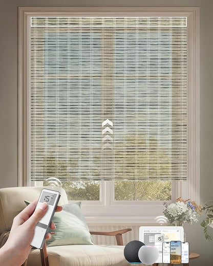 Kincmo Motorized Blinds with Remote, Light Filtering Roller Shades Work with Apple Homekit,Alexa,Google Home, Custom Electric Blinds with App,Voice Control (50% Blackout Woven Deep Green)