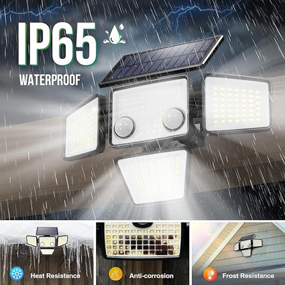 LYWALT Solar Lights Outdoor - 3000LM 188 LED Motion Sensor Outdoor Lights, 4 Heads IP65 Waterproof Powered Security Flood Lights, 270°Wide Lighting Angle Wall Light with Sensors for Backyard (4 Pack)