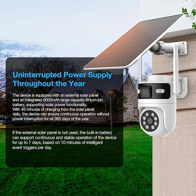 6MP Dual Lens Solar Security Cameras Wireless Outdoor, AOV 24/7 Recording Cameras for Home Security with 360° View, APP Alarm, Auto Tracking, Night Vision, Dual-Band WiFi, IP65, 8W Solar Panel