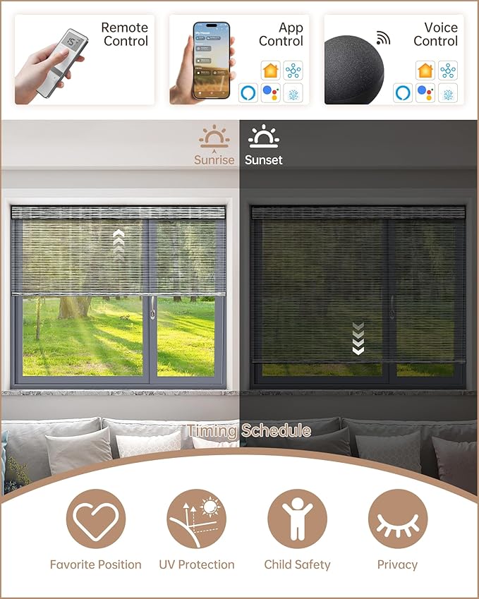 Kincmo Motorized Blinds with Remote, Light Filtering Roller Shades Work with Apple Homekit,Alexa,Google Home, Custom Electric Blinds with App,Voice Control (50% Blackout Woven Black)