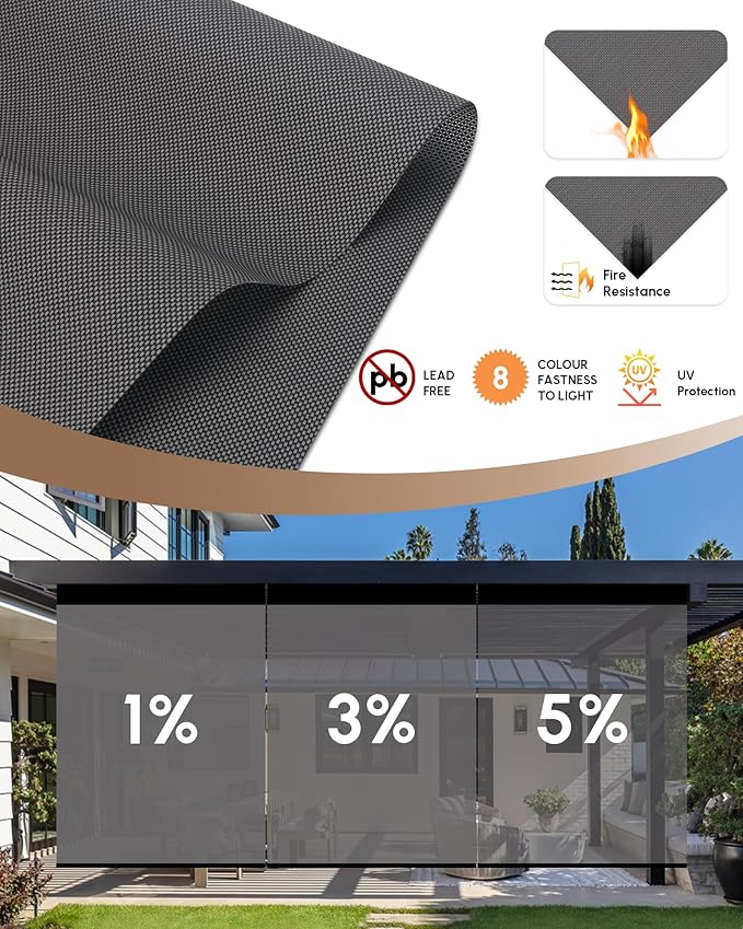 Kincmo Motorized Outdoor Shades for Patio Porch, Custom Outdoor Motorized Blinds with Remote, Waterproof & Windproof Patio Shades Work with Apple Homekit,Alexa,Google (5% Openness Grey)
