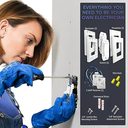 RunLessWire Fan & Light Battery-Free DIY Wireless Light Switch Kit 150ftRF Range Kinetic for Bathrooms & Ceiling Fans: 1 Dual Remote Switch Controls 2 5A On/Off Receivers Separately White