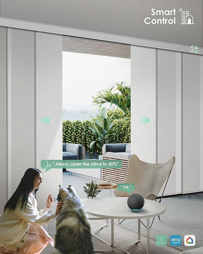 Yoolax Custom XL Smart Vertical Blinds, Motorized Sliding Door Blinds Compatible with Alexa, Fabric Blackout Rechargeable Battery Sliding Panel for indoor windows, Patio Doors(Half Shading Pure White)
