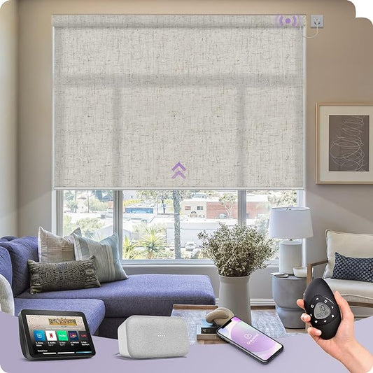 Graywind Motorized Light Filtering Shades Compatible with Alexa Google Hardwired WiFi Smart Half Shading Remote Control Automated Blinds Electric Window Shades, Custom Size (Linen Beige)