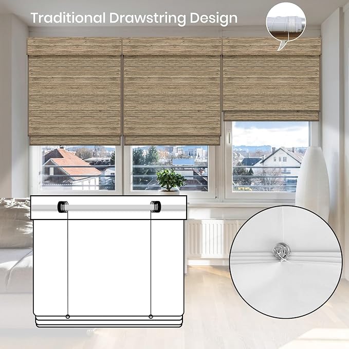 Motorized Roman Woven Woods Shades Work with HomeKit/Alexa/Google Home, Cordless Motorized Roman Shades,Electric Roman Blinds Custom Size,Crocheting Chestnut