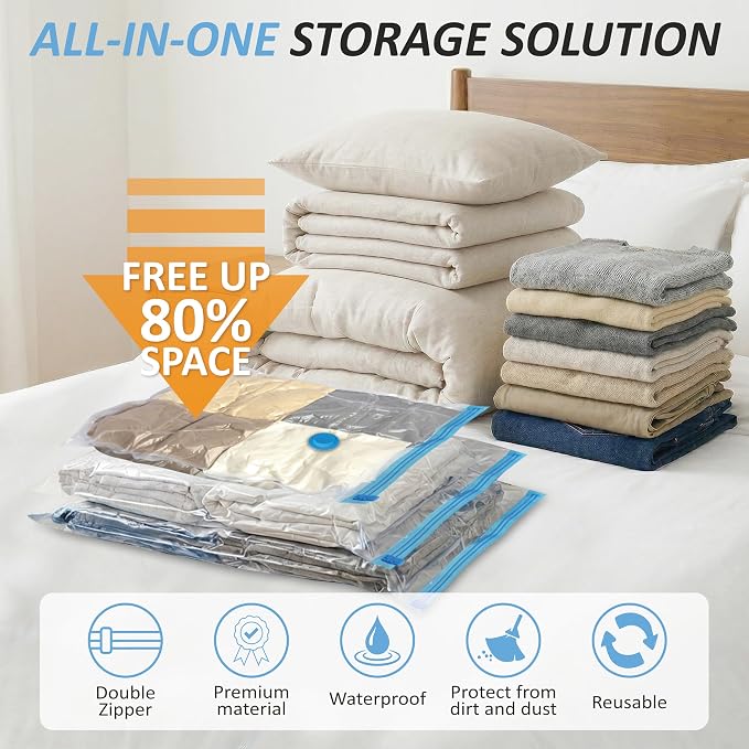 Vacuum Storage Bags with Hand Pump, Vacuum Seal Space Saver Bags,12 Large | 80% Space-Saving Bags for Clothes, Blankets, Pillows & Bedding;Double-Zip Airtight Seal;For Closets, Home & Travel Storage