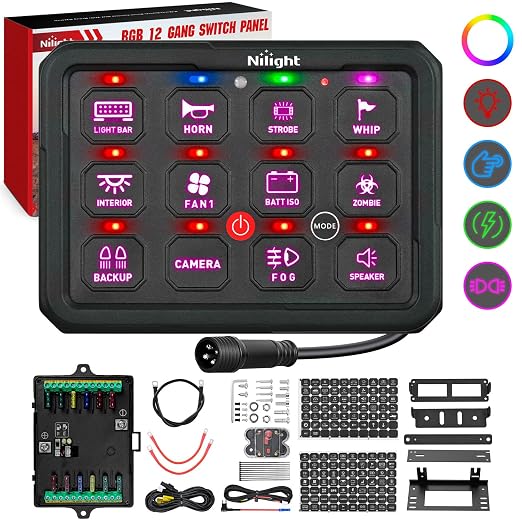 Nilight 12 Gang Switch Panel APP RGB 12V 24V Circuit Control System 4-Mode | Fuse Wiring Harness Automatic Dimmable LED Pod Toggle/Momentary/Strobe/Flash Modes for Car Pickup Truck Camper SUV