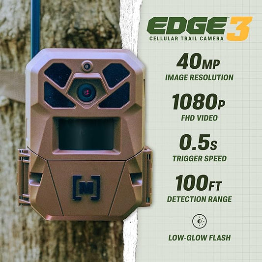 Moultrie Edge 3 Cellular Trail Camera with 3.4W Solar Kit - 40MP HD Photo Capture - 1080p Low-Glow Flash - GPS - Multi-Carrier Auto-Connect - Built-in Memory - 0.5s Trigger Speed - AI Buck Detection