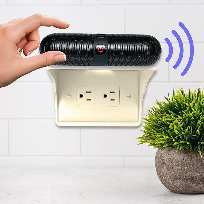 Power Perch Horizontal Outlet Shelf Organizer for Alexa Echo Dot Speakers, Phone - Wall Outlet Holder with Cord Storage Strap - Socket Shelf Bathroom Kitchen Counter Charging Station - Almond 2 Pack