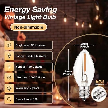 C7 LED E12 Candelabra Bulbs 0.5W (5 6 7W Equivalent), 2700K Warm White Clear Glass Night Light Bulb, 50 Lumens Small Edison Candle Bulbs for Chandelier, Salt Lamp, Window Candle, Appliance, 6 Pack