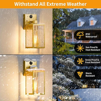 2 Pack Gold Motion Sensor Outdoor Light Fixtures Wall Mount, Dusk to Dawn Front Porch Lights for House, Exterior Wall Sconce, Waterproof Lantern Lamp,Outside Coach Light for Garage Entryway Yard