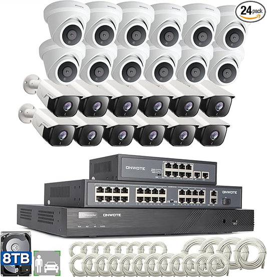 ONWOTE 32 Channel Security Camera System PoE, 12MP 32CH NVR 8TB, 32 Ports Switch, 24x 6MP Outdoor Audio PoE IP Cameras, AI Human Vehicle Detection, 24x Cables-2280ft, Commercial CCTV for Business