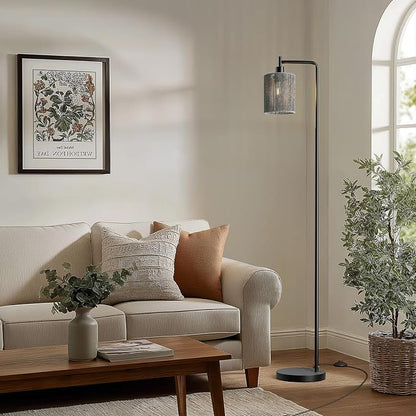 Oneach 66" Black Floor Lamp for Living Room, Boho Floor Lamp with LED Bulb, Foot Switch, Gray Rattan Shade, Industrial Tall Farmhouse Standing Lamp for Bedroom, Dining Room, Study Room, Office