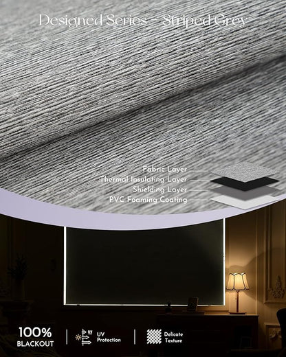 Graywind Smart Blackout Roller Shades for Alexa Google Textured Gleaming Fabric Rechargeable Motorized Blinds Cordless Remote Control Window Shades, Custom Size (Striped Grey) (GW-QZYM-TH00)