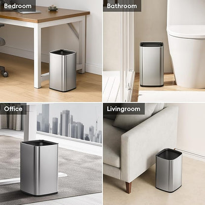 EKO 2-Pack Open Top Trash Can with Removable Inner Basket, Square Small Garbage Can, 1.8 + 3.2 Gallon Wastebasket Combo for Kitchen, Bathroom, Office, Home (Stainless Steel)