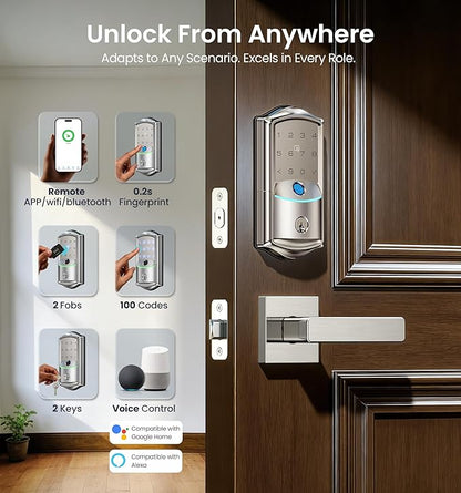 Veise VE027 Built-in Wi-Fi Smart Lock, Fingerprint Keyless Entry Front Door Lock, App Remote & Voice Control, No Hub Needed, Touchscreen Keypad Deadbolt, IP65 Waterproof, BHMA Grade 3, Satin Nickel