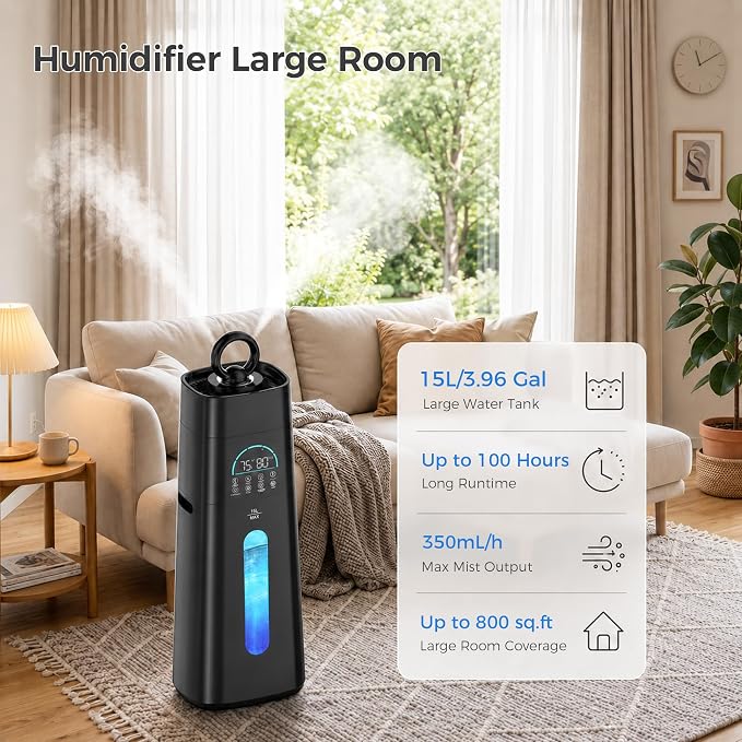 Humidifiers for Bedroom,15L/3.96 Gal 800 sq.ft, Cool Mist Humidifier Large Room with 350mL/H Spray Output for Home, Office, Plants, Warehouse, House