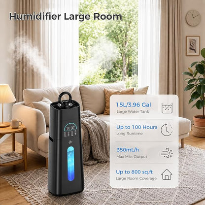 Humidifiers for Bedroom,15L/3.96 Gal 800 sq.ft, Cool Mist Humidifier Large Room with 350mL/H Spray Output for Home, Office, Plants, Warehouse, House