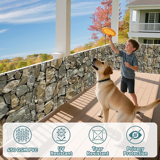 Shade&Beyond 4' X 7' Privacy Fence Screen Customized 450 GSM PVC Printed Privacy Fence with Zip Ties for Courtyards, Pools, Balconies-Stone